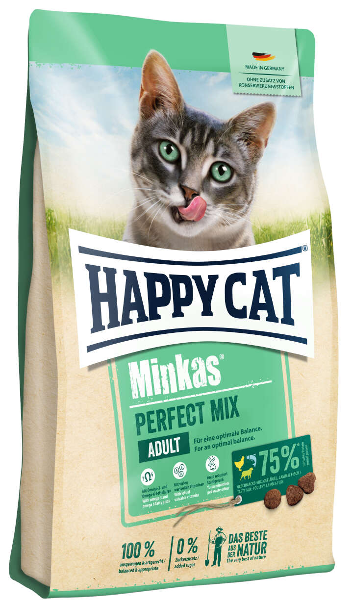 HAPPY CAT Katzen-Trockenfutter Minkas Perfect Mix Geflügel, Fisch+Lamm
